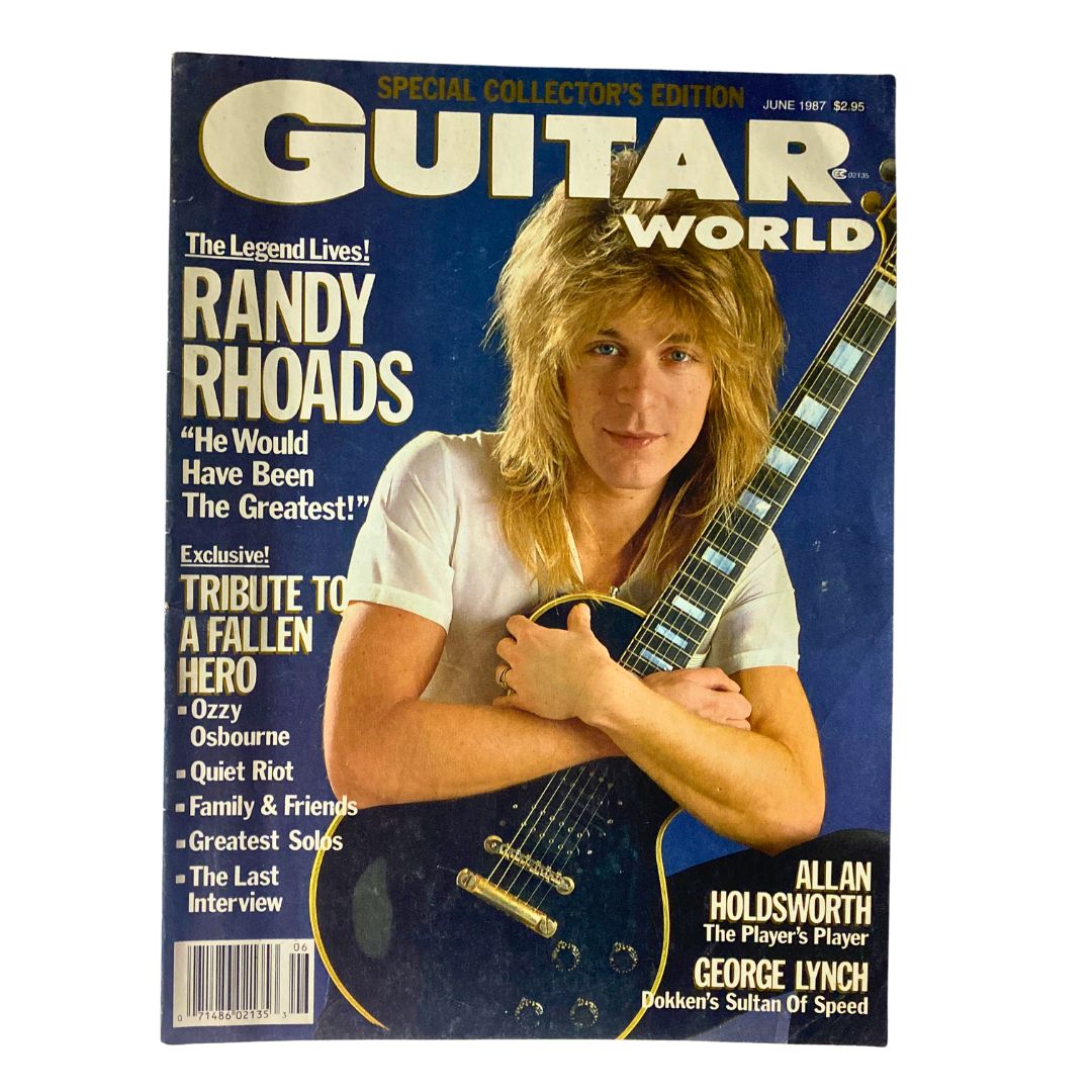 VTG Guitar World Magazine June 1987 featuring Randy Rhoads on the cover with a black guitar, highlighting his influence in rock music.