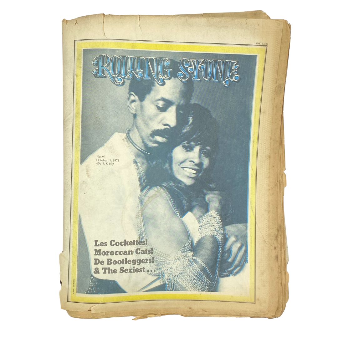 Rolling Stone Magazine October 14 1971 No. 93 featuring Ike and Tina Turner on the cover, showcasing a vintage design with aged condition, making it a collectible item for music history enthusiasts.