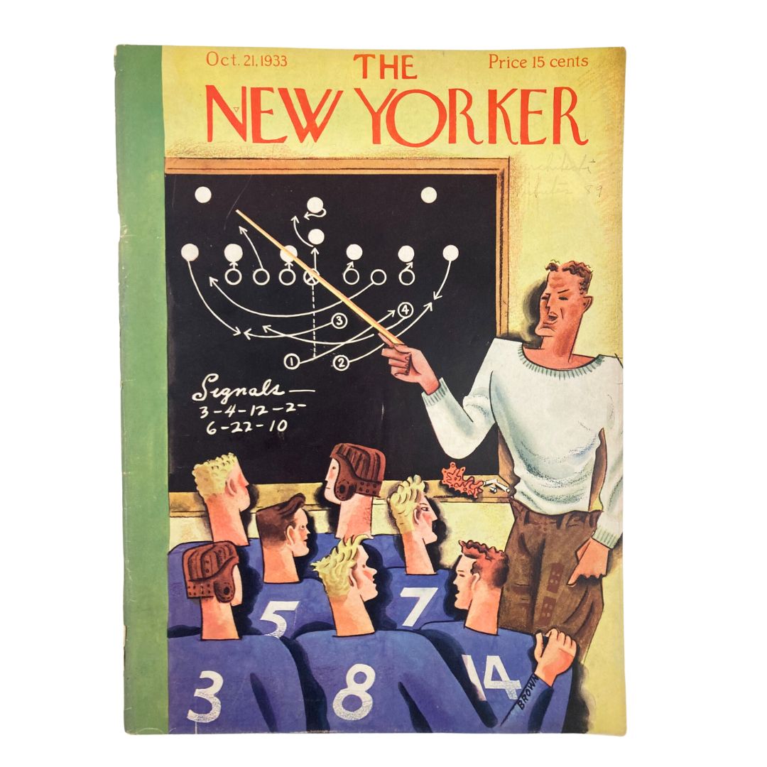 The New Yorker Magazine October 21, 1933 cover featuring a football strategy illustration by Harry Brown, depicting a coach explaining plays to players.
