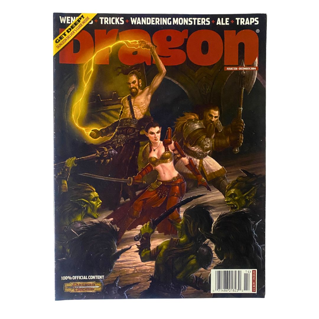 Dragon Magazine December 2004 #326 The Wandering Monsters cover featuring adventurers battling green-skinned trolls in a fantasy setting.