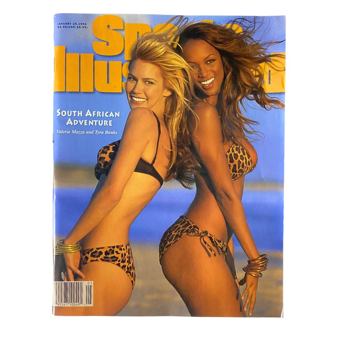 Cover of Sports Illustrated Magazine January 29, 1996 featuring Valeria Mazza and Tyra Banks in leopard print bikinis, showcasing the blend of sports and fashion from the 1990s.