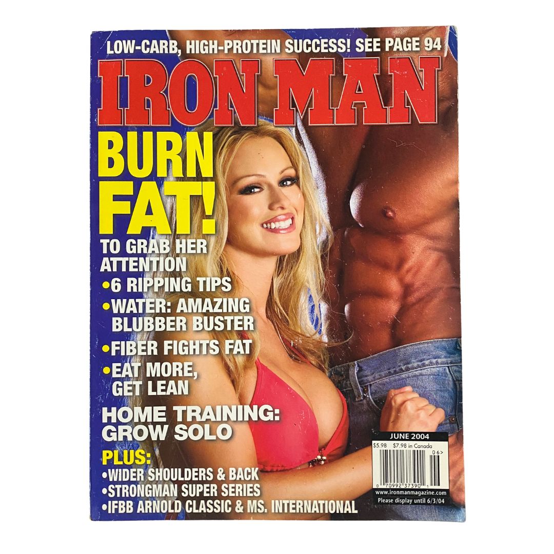 Iron Man Magazine June 2004 featuring articles on fitness, nutrition, and workout tips with vibrant imagery, showcasing a model in a bikini and a muscular man on the cover.
