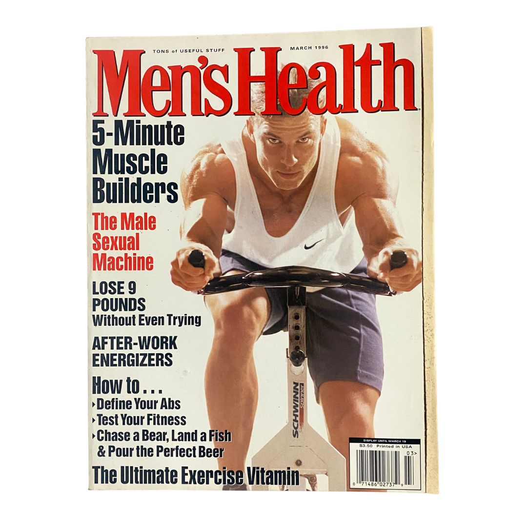 Cover of Men's Health Magazine from March 1996 featuring Jim Buol, emphasizing 5-Minute Muscle Builders, tips for losing weight, and improving fitness. The magazine illustrates fitness concepts and includes engaging articles for men's health enthusiasts.