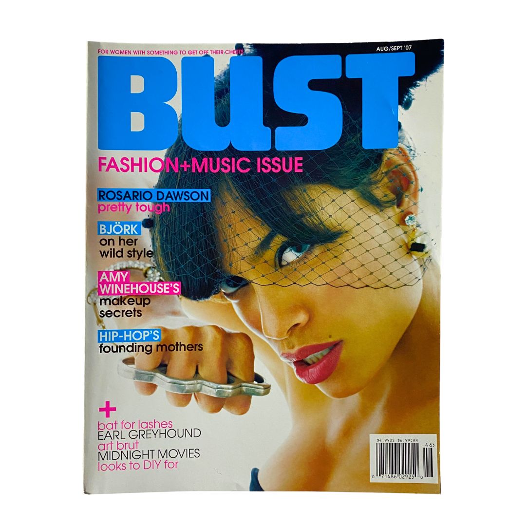 Cover of Bust Magazine August 2007 featuring Amy Winehouse, showcasing her iconic style and makeup secrets.