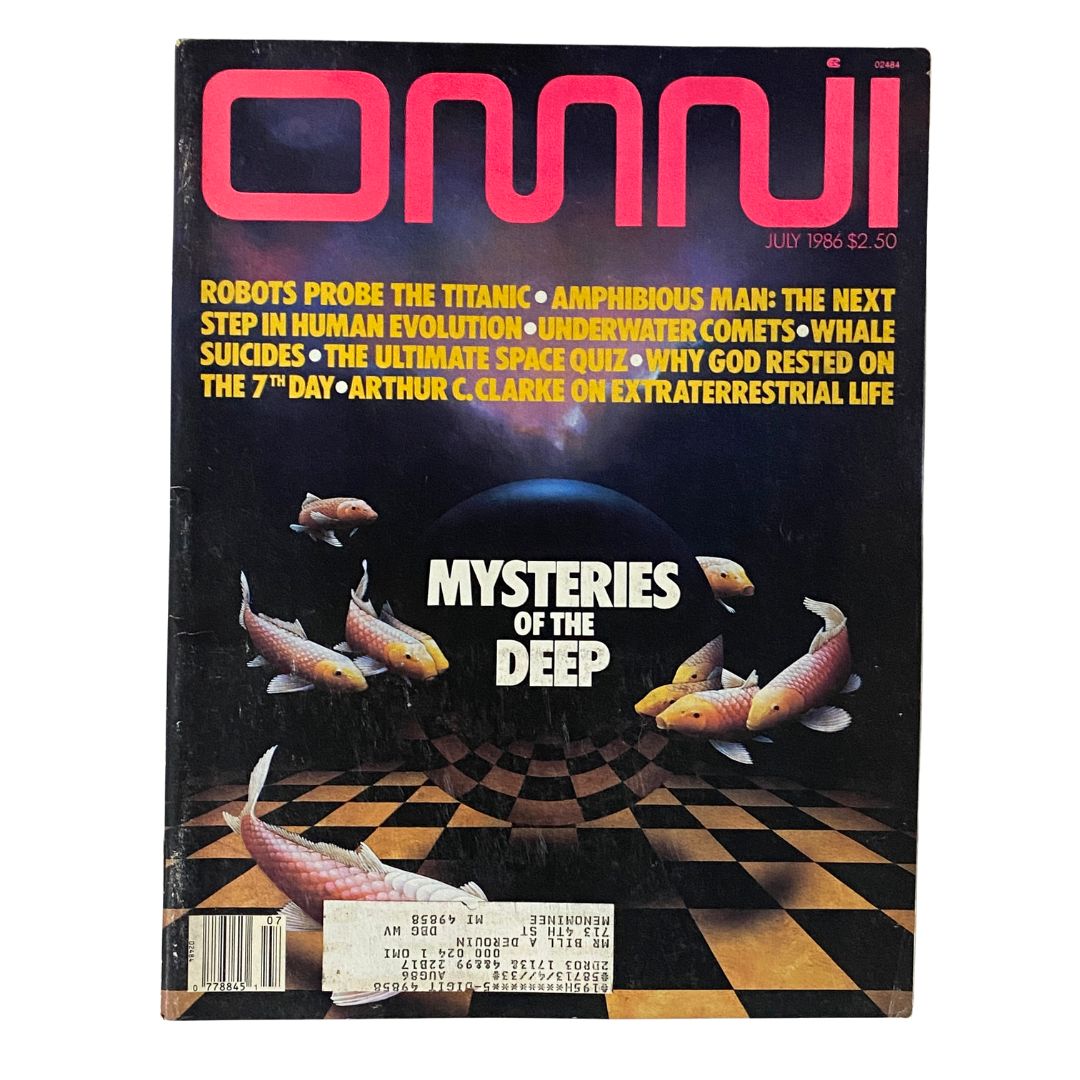 Cover of VTG Omni Magazine July 1986 featuring articles on Mysteries of The Deep and Robots Probe The Titanic, showcasing a cosmic depiction with floating fish.