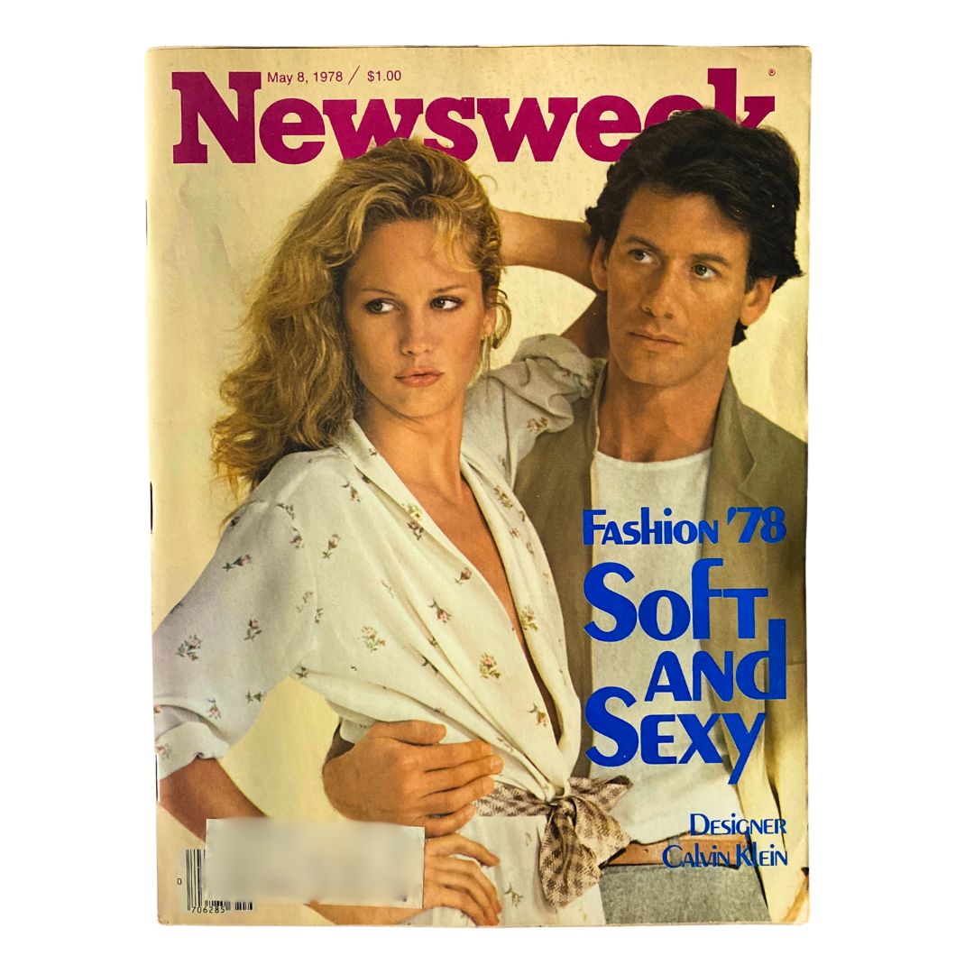Cover of VTG Newsweek Magazine May 8, 1978 featuring Calvin Klein's Fashion '78 edition, showcasing a model in soft and sexy attire alongside a male model.