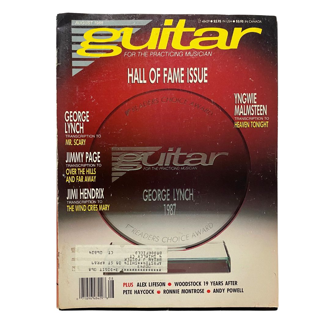 Guitar for the Practicing Musician Magazine August 1988, Hall of Fame Issue cover featuring George Lynch and Yngwie Malmsteen, showcasing iconic guitarists and their music.
