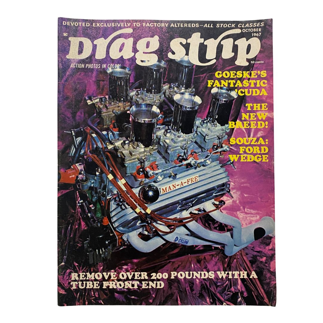 Cover of VTG Drag Strip Magazine October 1967 featuring Goeske's Fantastic 'Cuda with a colorful engine illustration.