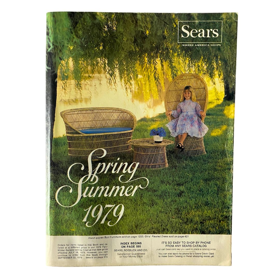 Cover of the 1979 Sears Spring Summer Where America Shops Catalog featuring a woman seated in a wicker chair surrounded by outdoor scenery.