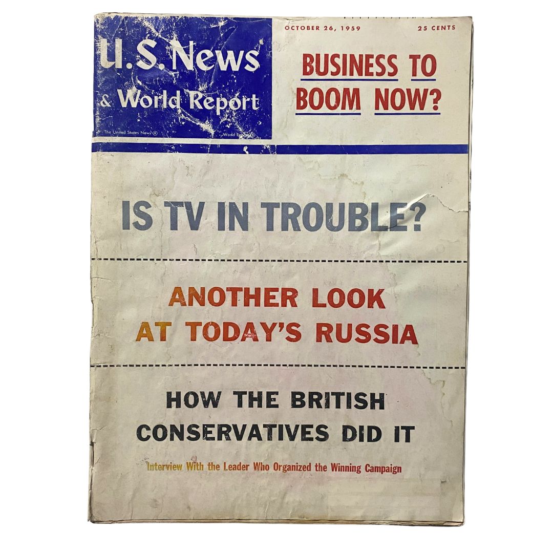 Cover of US News & World Report Magazine dated October 26, 1959, featuring articles on Russia, British Conservatives, and television issues.