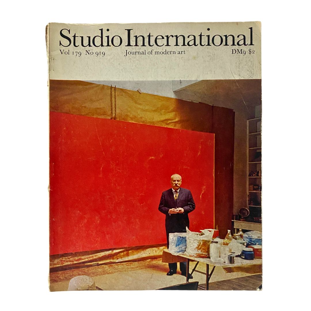 Cover of VTG Studio International Magazine, February 1970, featuring Barnett Newman standing in front of a large red canvas, highlighting modern art and artistic expression.