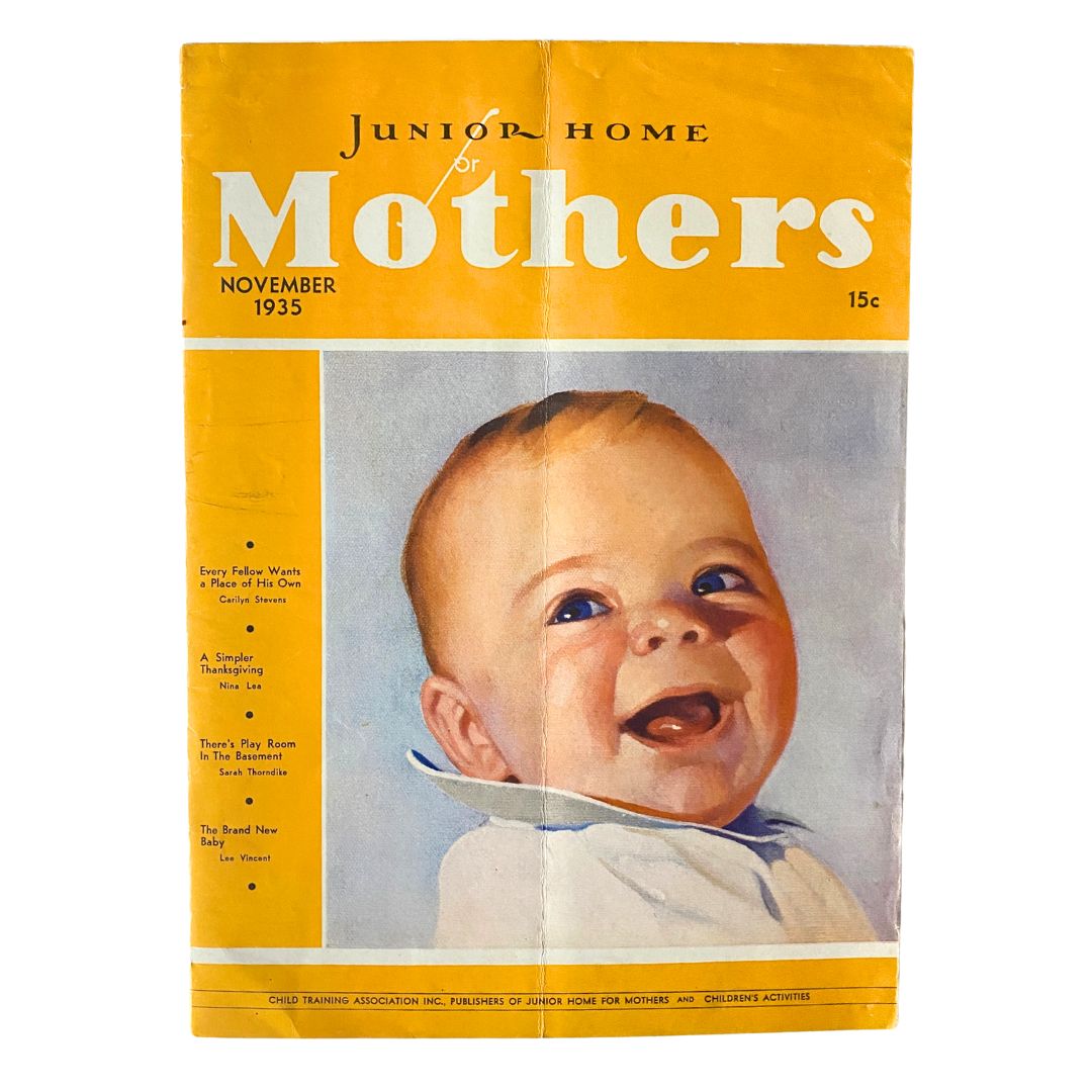 VTG Junior Home for Mothers Magazine November 1935 cover featuring a smiling baby, showcasing parenting advice from the past.