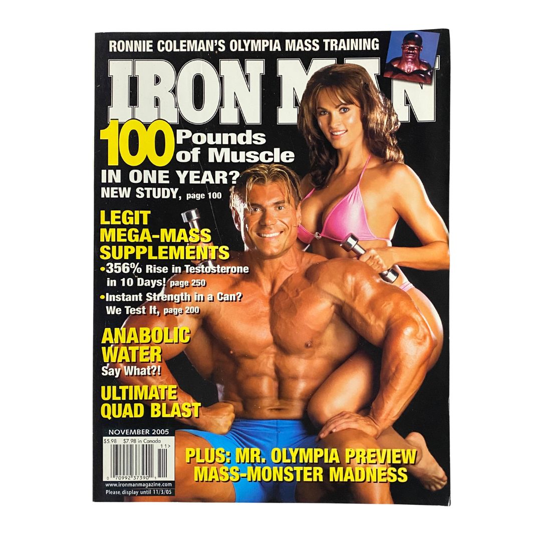 Iron Man Magazine November 2005 featuring a striking cover with Berry Kabov and Karen McDougal, showcasing topics on muscle building, fitness supplements, and the Mr. Olympia event.