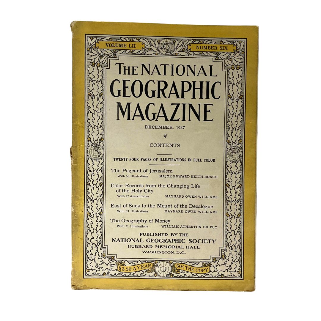 National Geographic Magazine December 1927 featuring the cover and contents including The Pageant of Jerusalem, showcasing early 20th-century publication design.