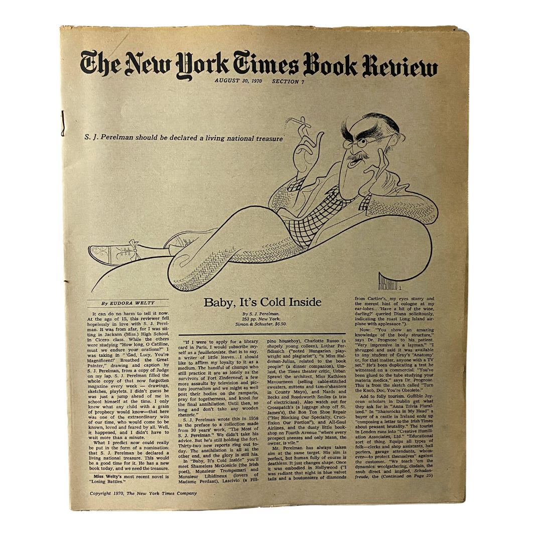 Front cover of The New York Times Book Review dated August 30, 1970, featuring the article 'Baby, It's Cold Inside' by S.J. Perelman, with a vintage illustration.