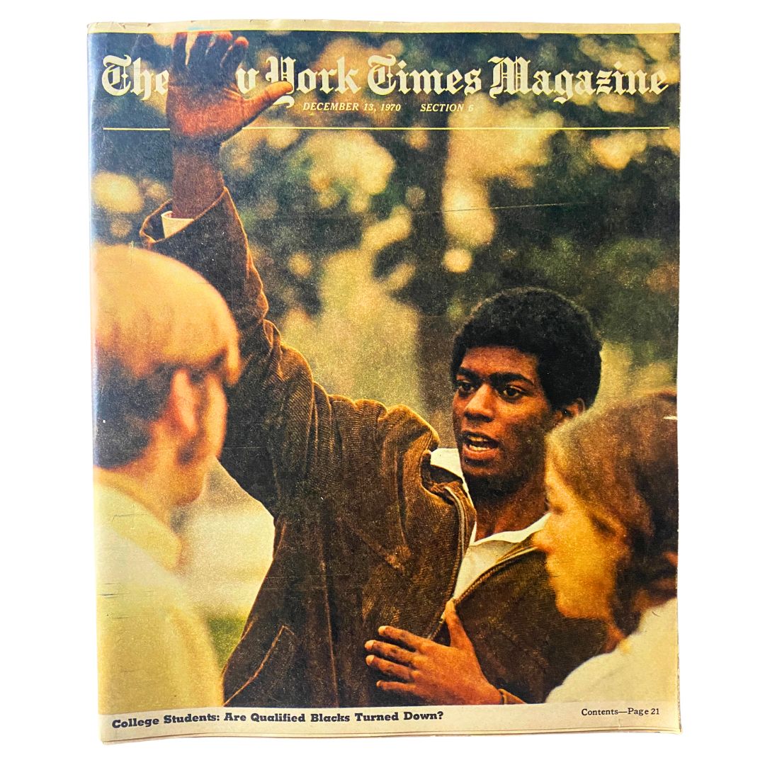 The New York Times Magazine December 13 1970 cover featuring a college student with raised hand, addressing topics on student activism and education policies.