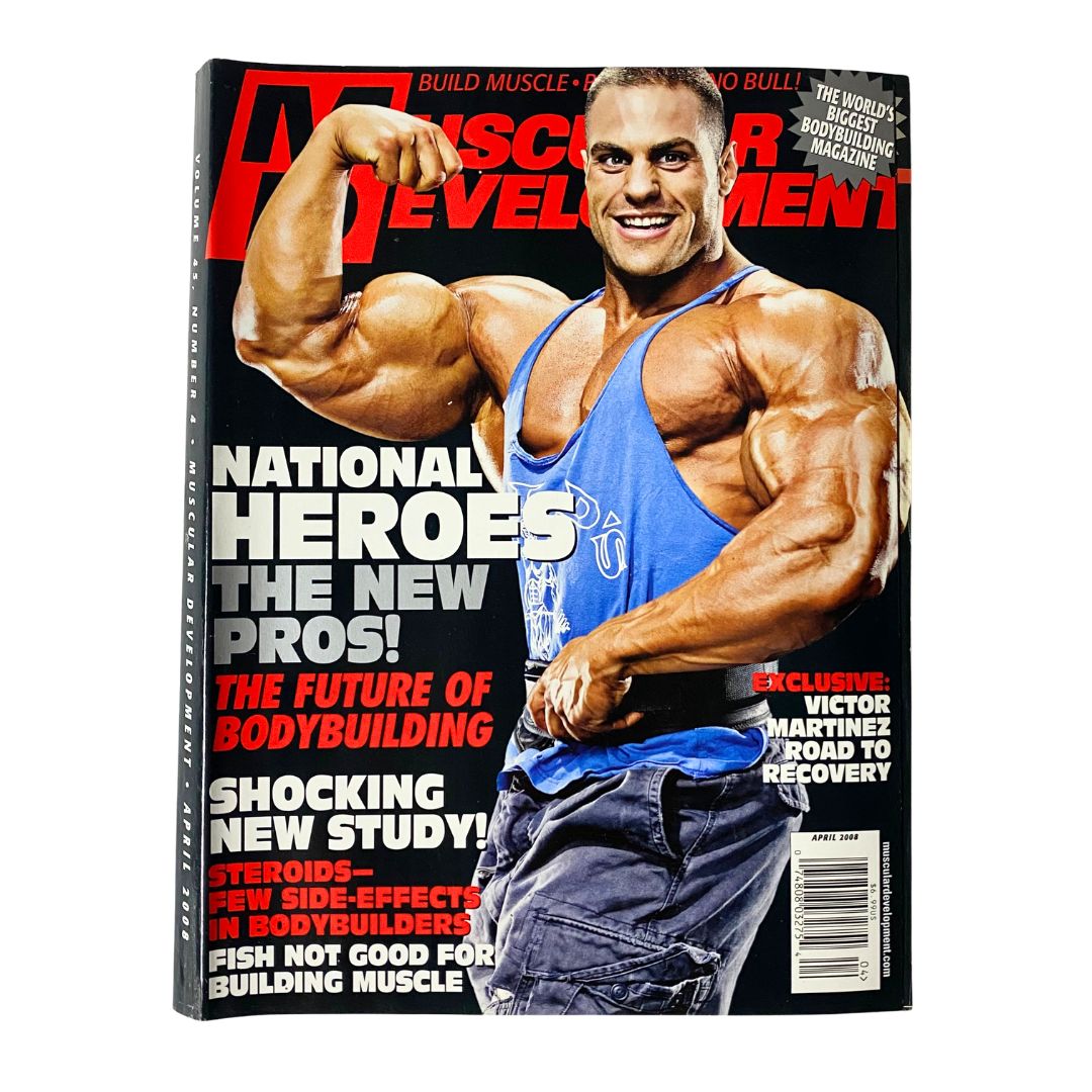 Cover of Muscular Development Magazine April 2008 featuring bodybuilder Evan Centopani, highlighting bodybuilding excellence and fitness culture, showcasing dedication and passion for bodybuilding.