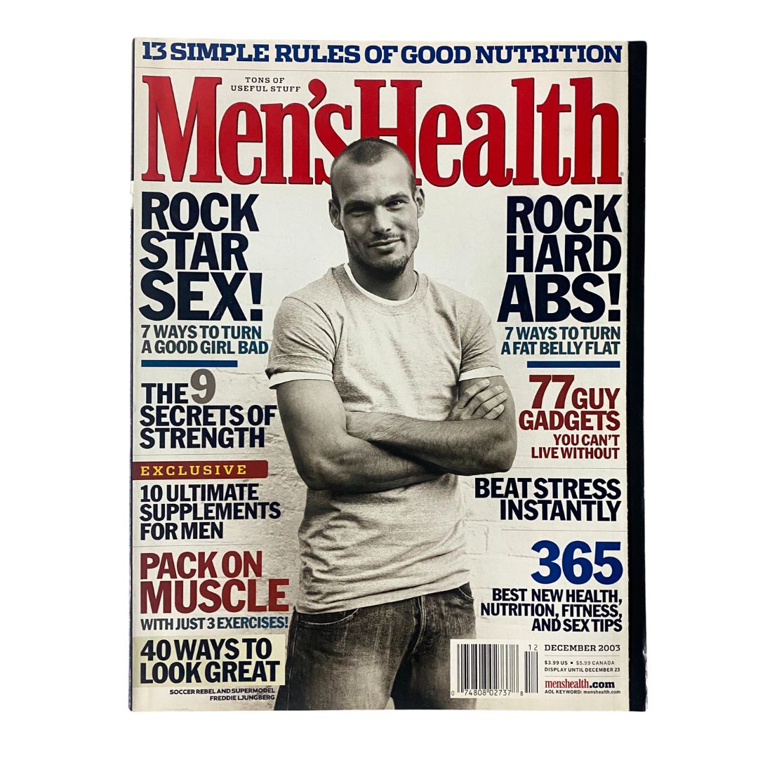 Men's Health Magazine December 2003 featuring soccer star Freddie Ljungberg on the cover, highlighting health, fitness, and lifestyle articles from that era. Perfect collectible for sports and magazine enthusiasts.
