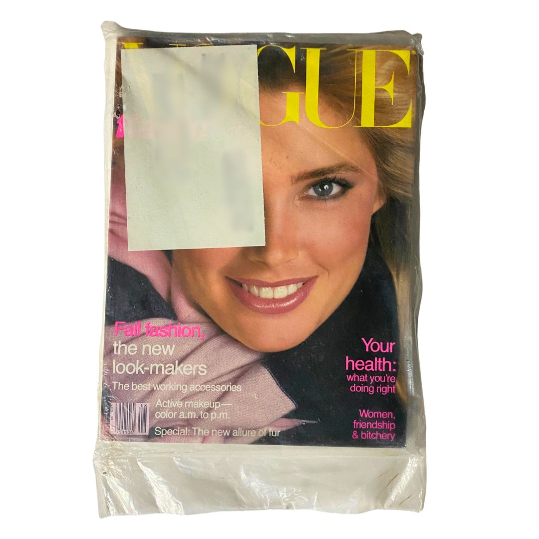 VTG Vogue Magazine August 1981 featuring Kelly Emberg by Richard Avedon, in original sealed condition, showcasing a stylish cover with vibrant colors and fashion-themed headlines.