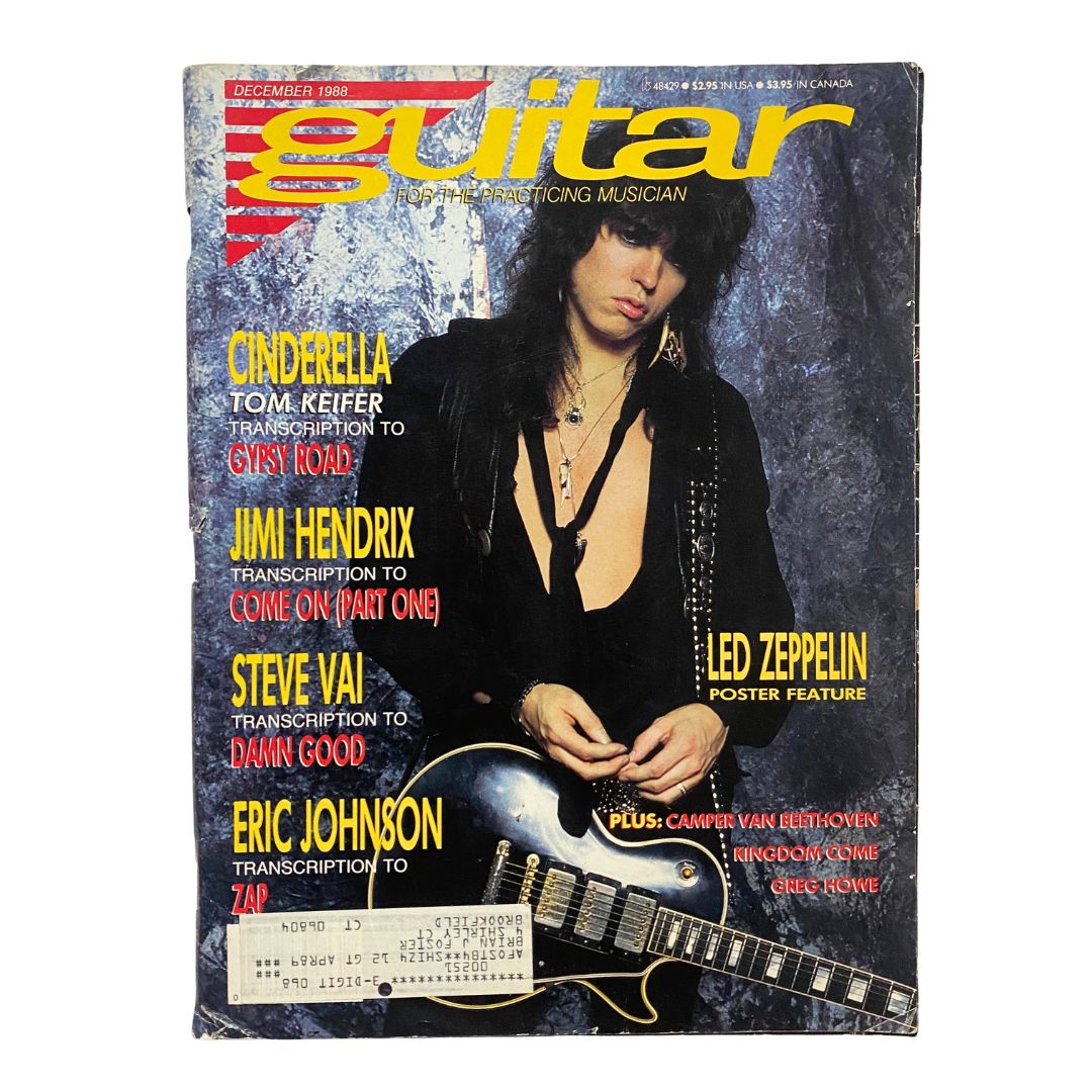 Guitar for the Practicing Musician Magazine December 1988 featuring Led Zeppelin on the cover, including features on artists like Jimi Hendrix, Steve Vai, and Eric Johnson, along with a collectible poster.
