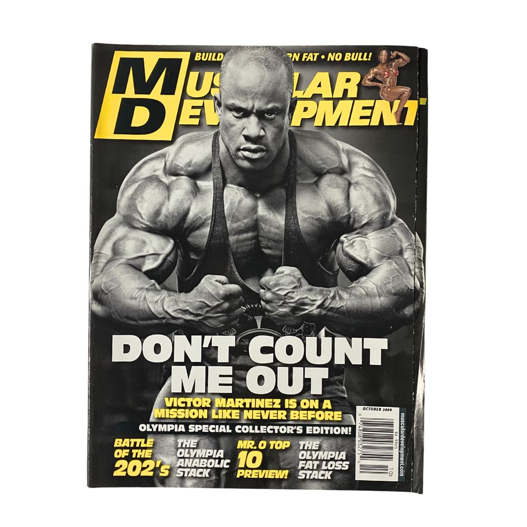 Muscular Development Magazine October 2009 featuring Victor Martinez on the cover, showcasing the headline 'Don't Count Me Out' with an emphasis on bodybuilding and fitness.