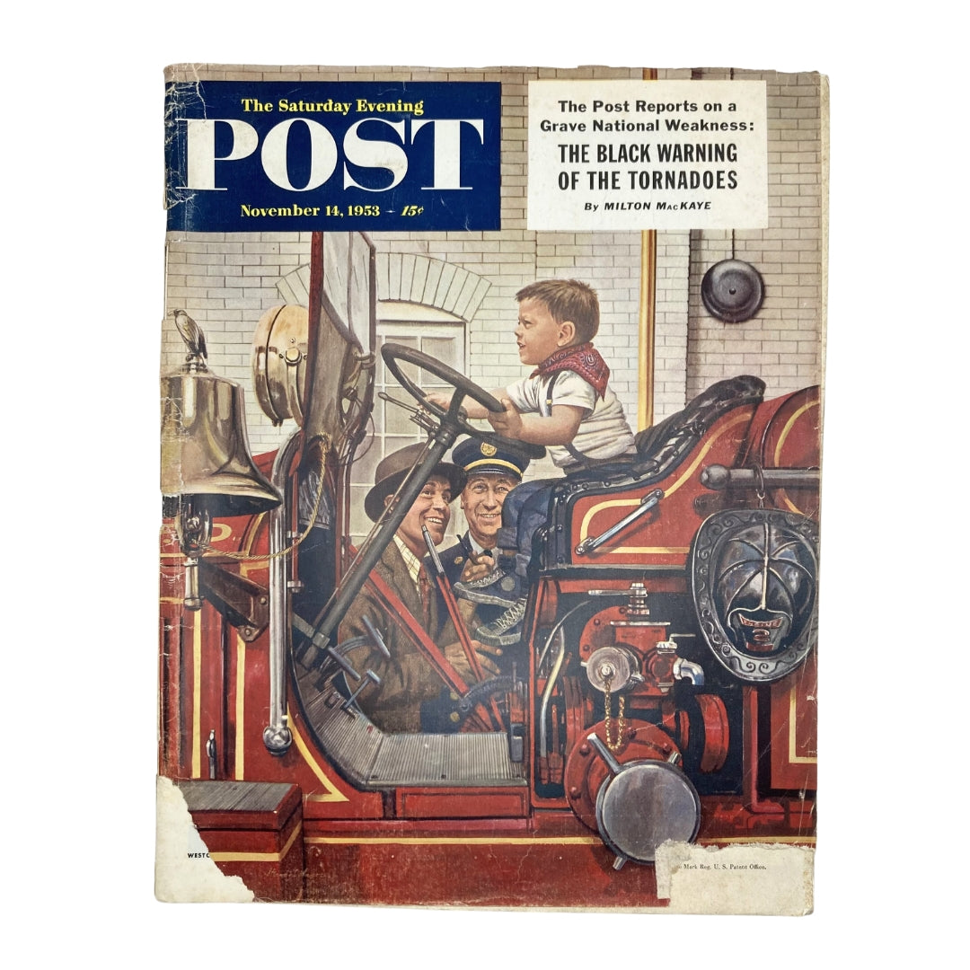 Cover of the Saturday Evening Post Magazine from November 14, 1953, featuring a vintage illustration of a boy in a fire engine with firefighters, symbolizing community service and heroism in the past.