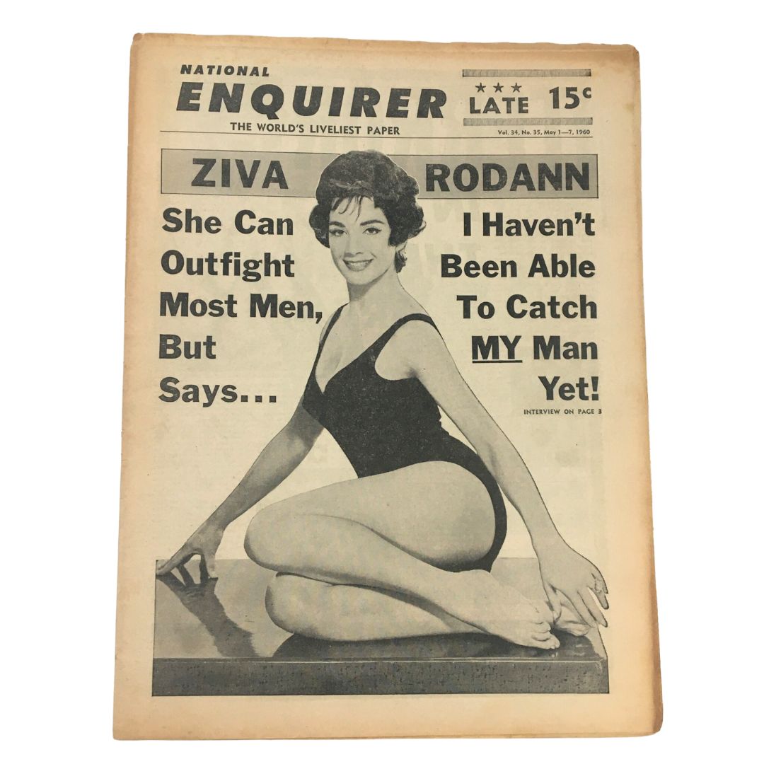 Cover of National Enquirer Newspaper from May 1, 1960 featuring Ziva Rodann with the headline "She Can Outfight Most Men, But Says..." showcasing her in a swimsuit.