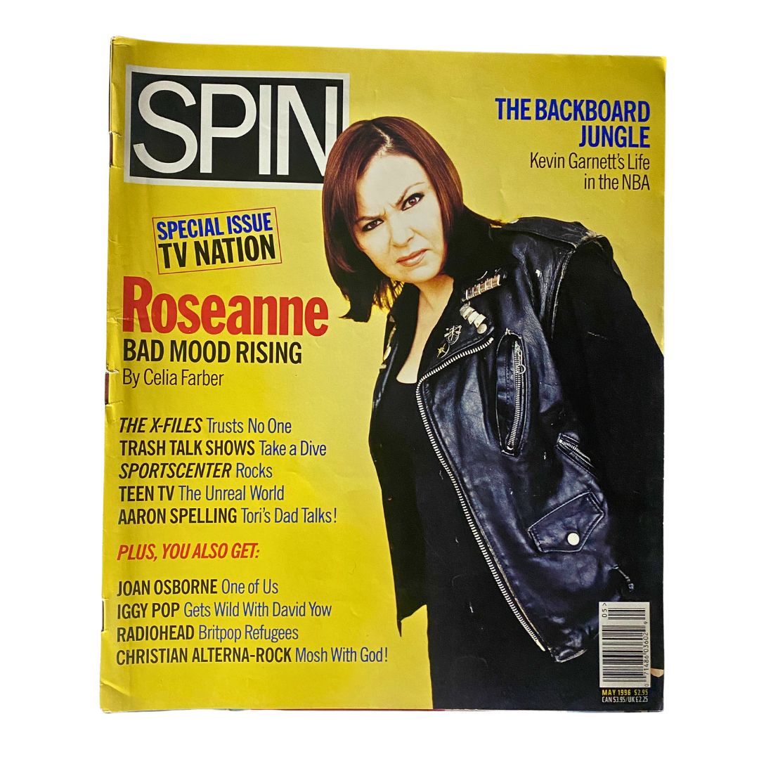 Cover of Spin Magazine May 1996, Vol. 12, No. 2 featuring Roseanne Barr with the title 'Bad Mood Rising,' showcasing themes of television culture in the 1990s.