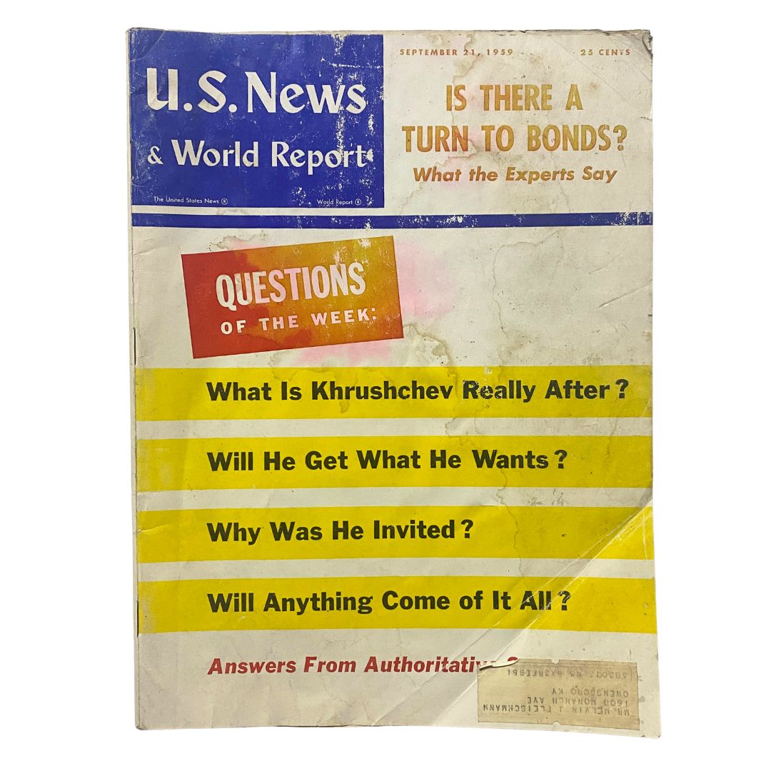 Cover of US News & World Report Magazine September 21, 1959 featuring the headline 'Is There A Turn To Bonds?' and questions of the week related to political events and Khrushchev.