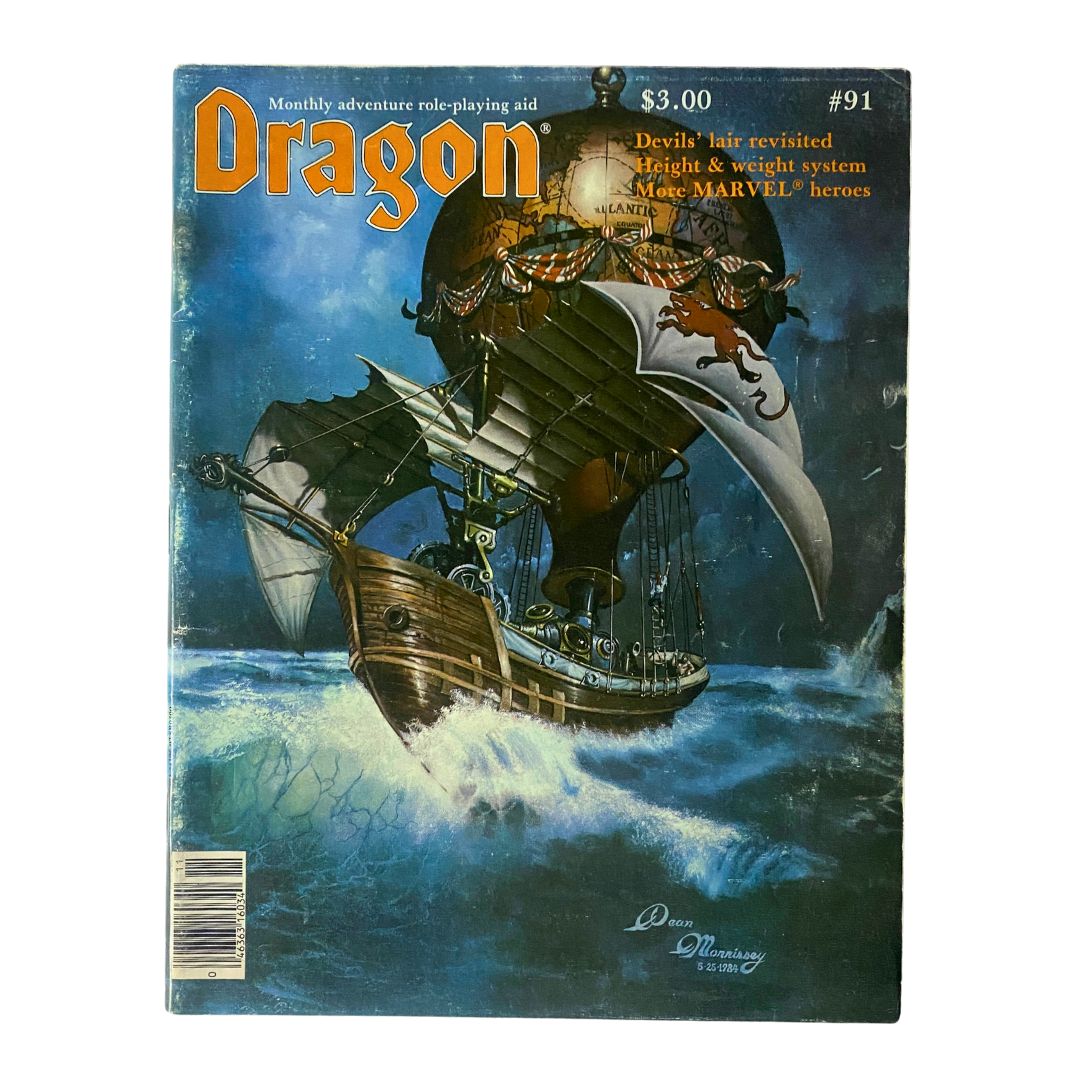 Cover of VTG Dragon Magazine November 1984 #91 featuring 'Devils' Lair Revisited' with a fantasy ship in stormy seas, showcasing vibrant artwork.