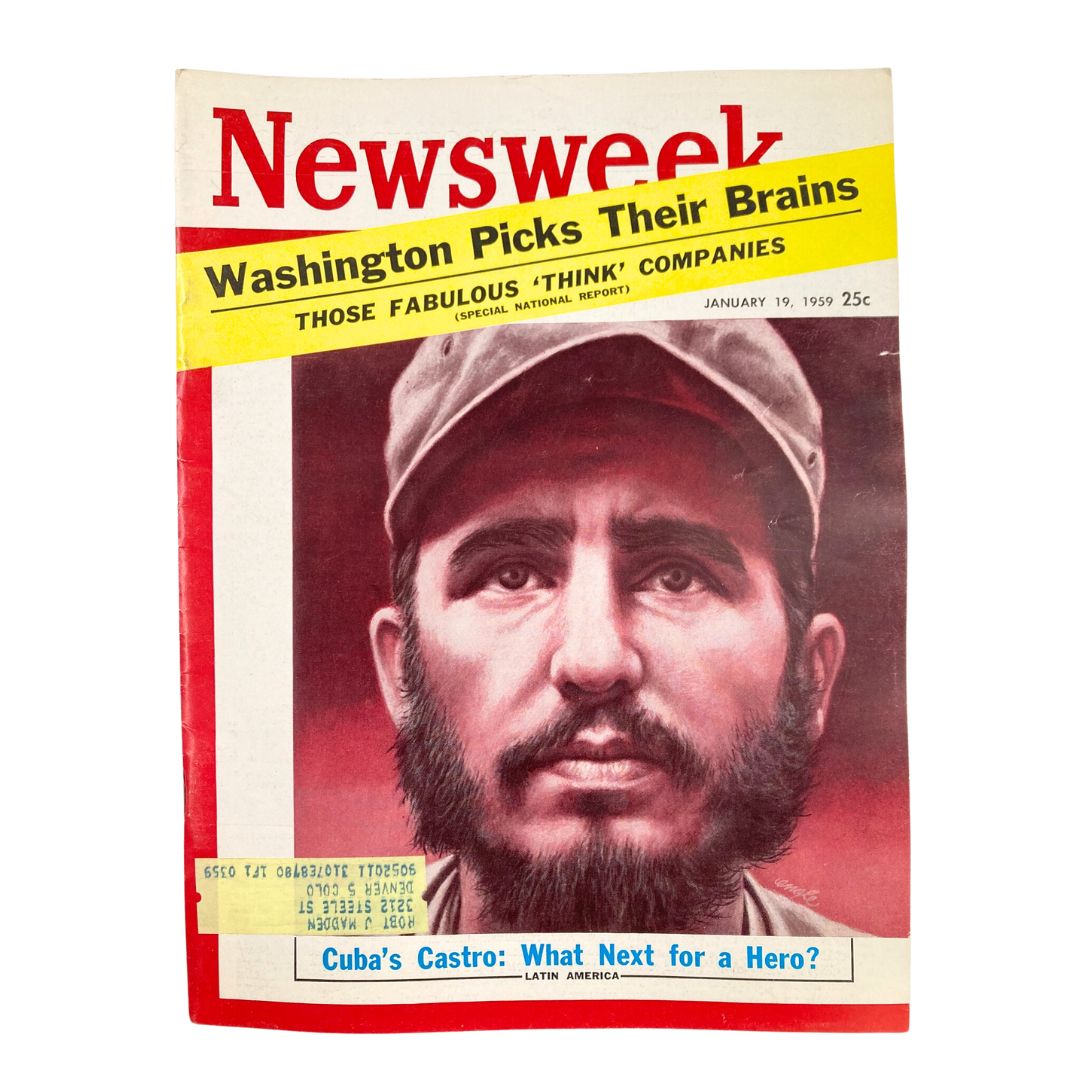 Cover of VTG Newsweek Magazine from January 19, 1959, featuring an illustration of Cuba's Fidel Castro with the headline: 'Cuba's Castro: What Next for a Hero?'