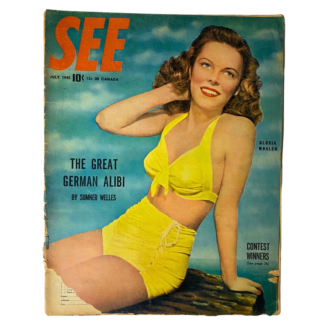 VTG See Magazine July 1945 cover featuring Gloria Whalen in a yellow swimsuit, showcasing post-war American fashion and culture.