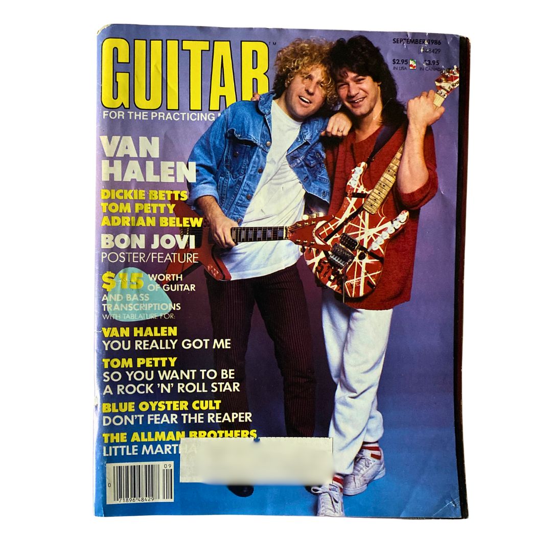 Vintage Guitar Magazine September 1986 featuring Van Halen and Bon Jovi on the cover, showcasing the iconic musicians with guitars.