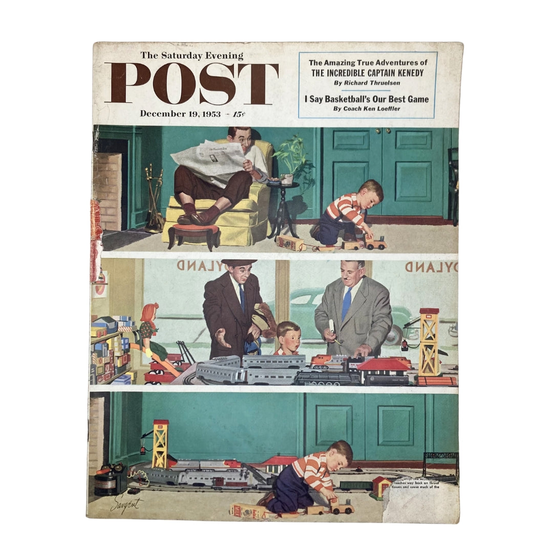Cover of Saturday Evening Post Magazine December 19, 1953 featuring artwork titled 'Dreamer' by Sargent, depicting nostalgic family scenes with children playing and adults engaging in leisure activities.