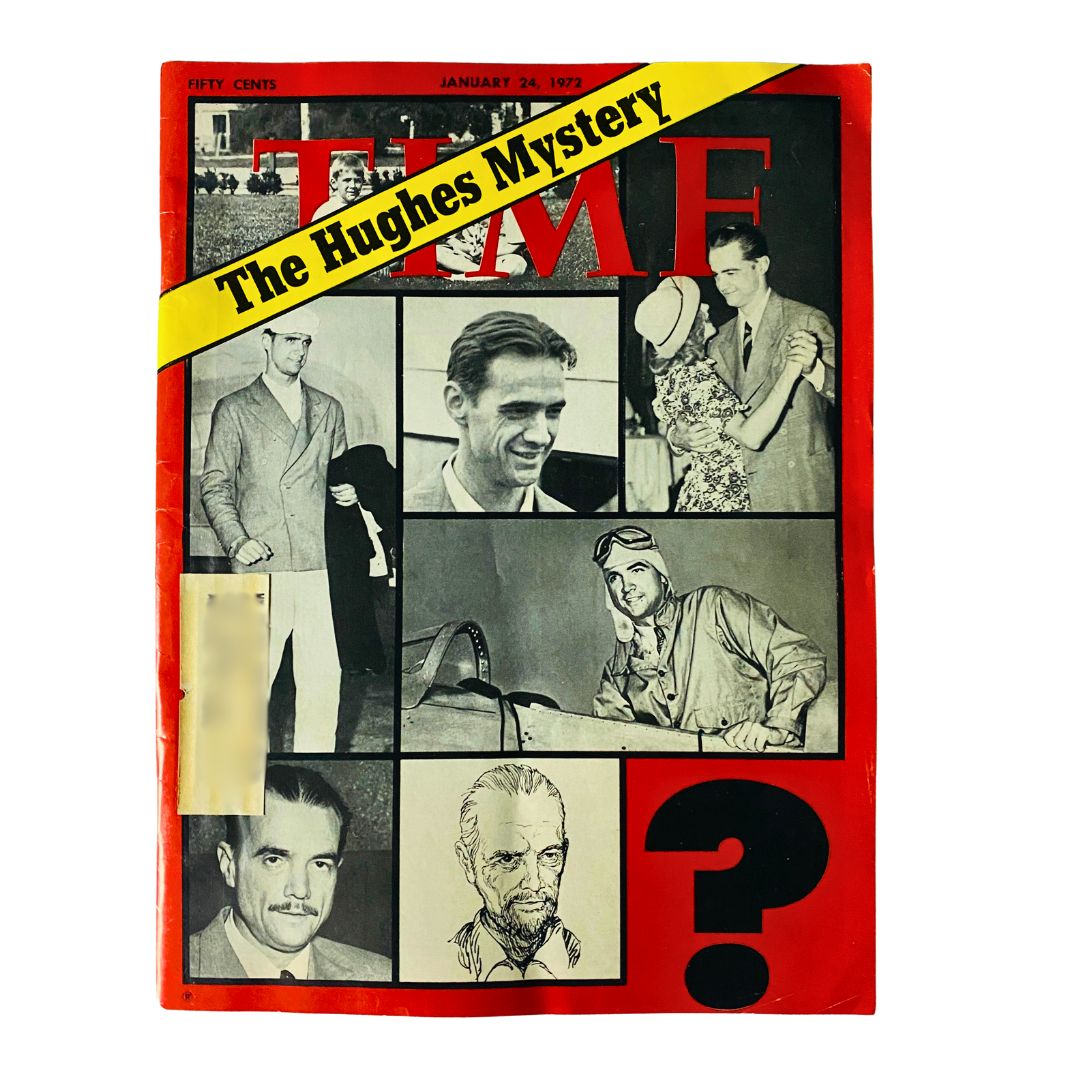 Vintage Time Magazine cover from January 24, 1972, featuring the title 'The Hughes Mystery' and a collage of black and white images related to Howard Hughes.