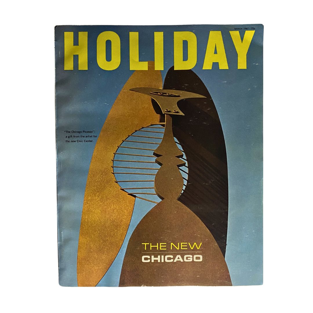 Cover of VTG Holiday Magazine March 1967 featuring Picasso's Sculpture by Archie Lieberman, showcasing a bold design in vibrant colors.