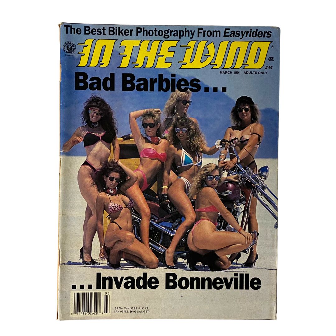 Cover of In The Wind Magazine March 1991 featuring 'Bad Barbies...' with a group of models in swimwear posing with motorcycles at Bonneville.