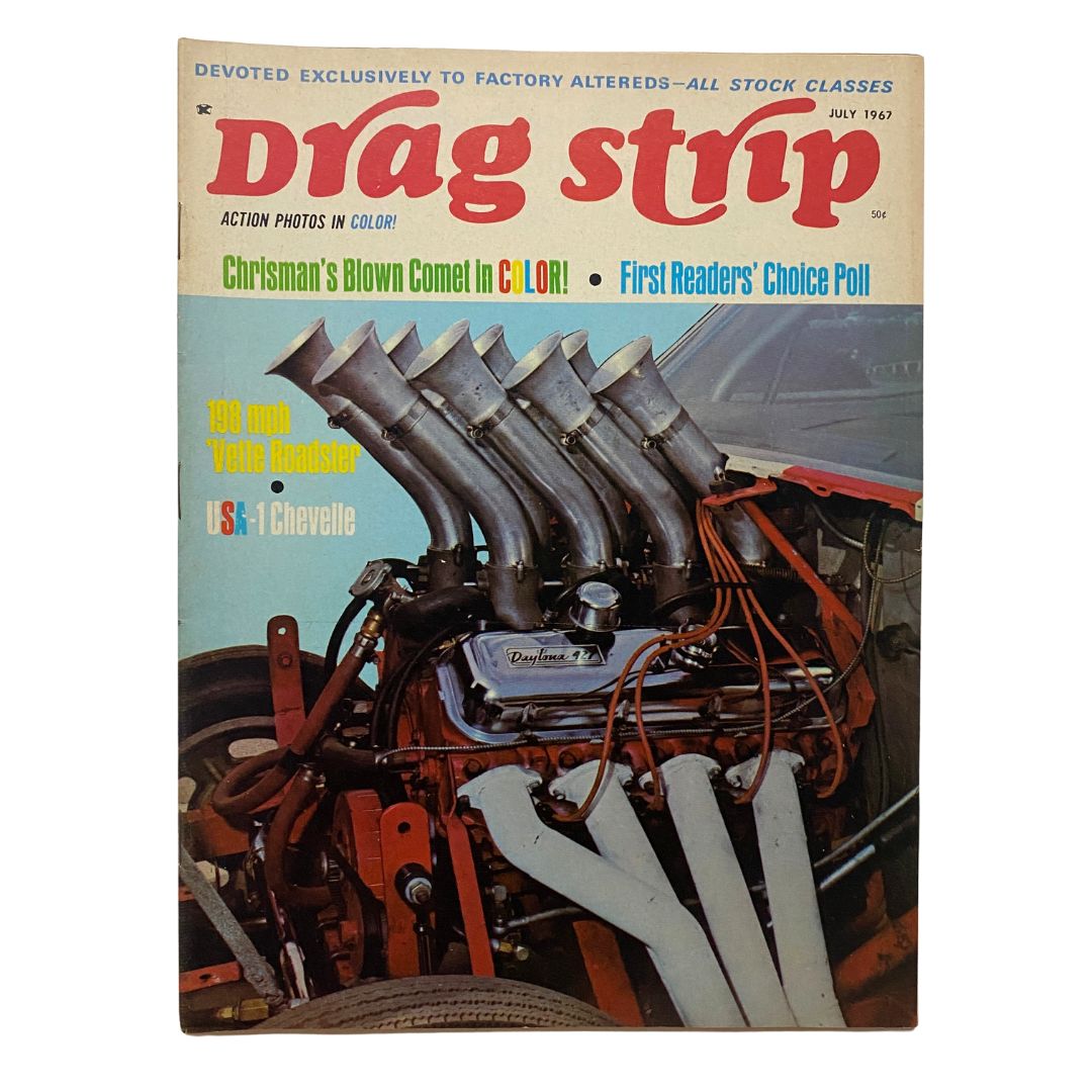 VTG Drag Strip Magazine July 1967 featuring Chrisman's Blown Comet on the cover, showcasing automotive details and vibrant colors.