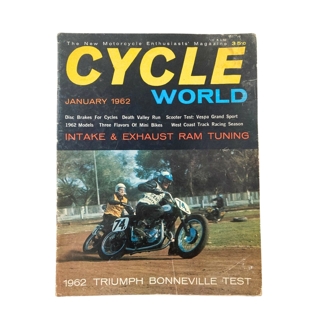 Cover of Cycle World Magazine, January 1962, first issue, featuring a test of the Triumph Bonneville motorcycle with a minimalist, no-label