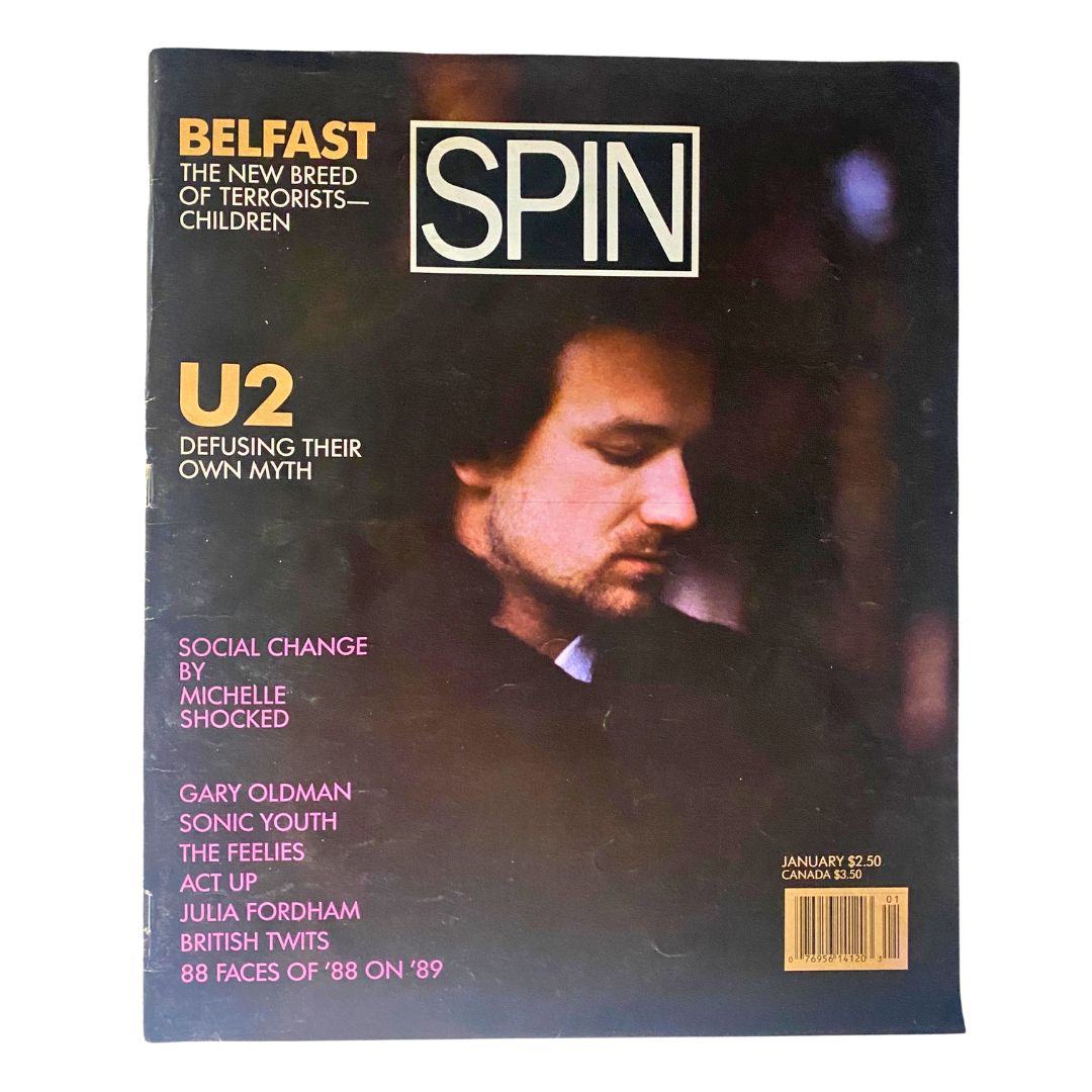 Cover of Spin Magazine January 1989 Vol 4 No. 10 featuring U2 and the headline 'Defusing Their Own Myth', showcasing a vintage design that reflects music culture of the late '80s.