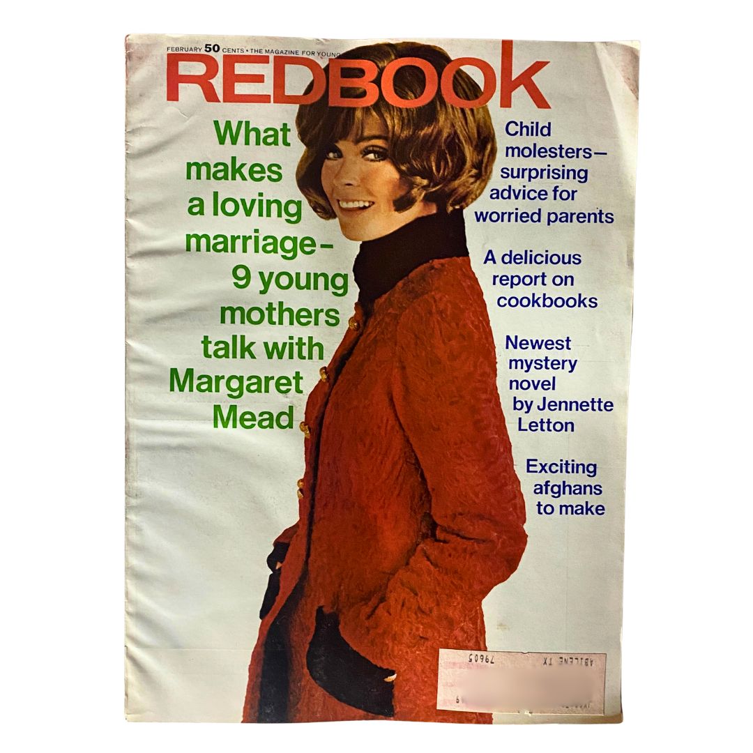 Cover of VTG Redbook Magazine February 1969 Vol 132 No. 4 featuring a young woman in a stylish red coat with the title text highlighting topics like marriage, young mothers, and a conversation with Margaret Mead.
