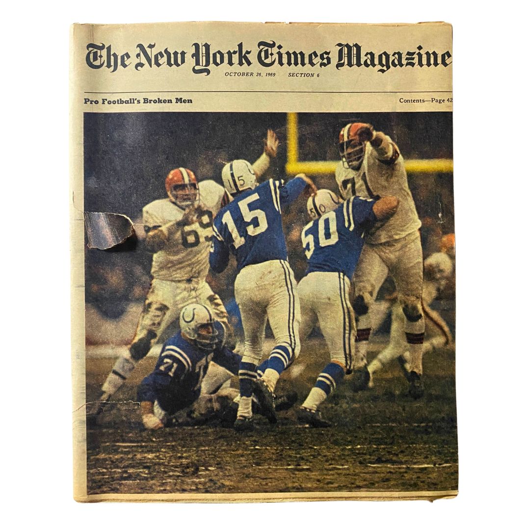 Cover of The New York Times Magazine from October 26, 1969, featuring the article 'Pro Football's Broken Men' with a dramatic football action scene.