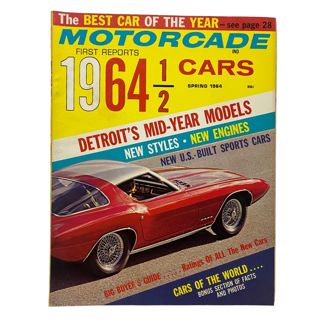 Cover of VTG Motorcade Magazine Spring 1964 featuring a classic red car and the title '1964 1/2 Cars' with highlights on Detroit's mid-year models.