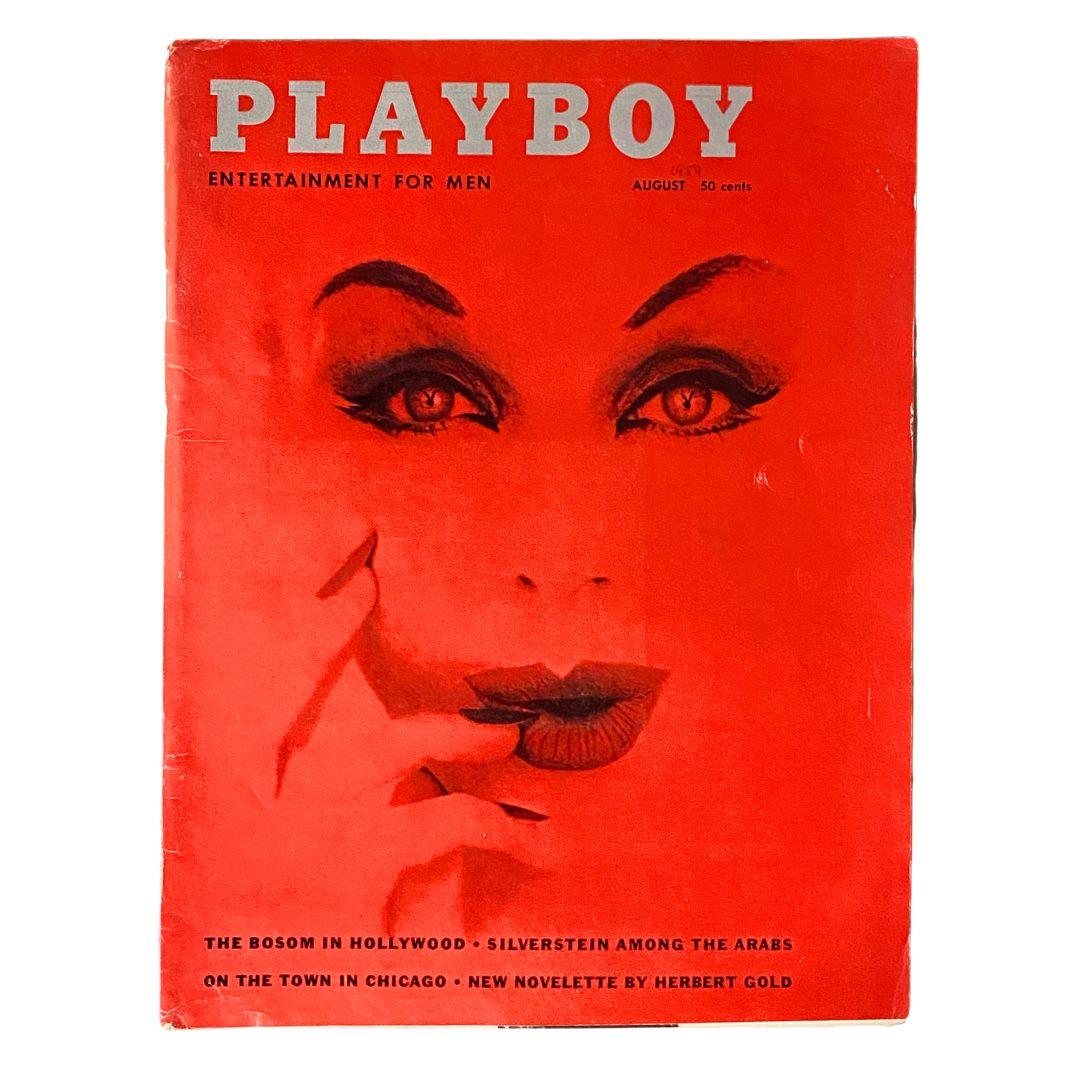 VTG Playboy Magazine August 1959 featuring Playmate Clayre Peters with a vibrant red cover showcasing striking eye art and bold typography.
