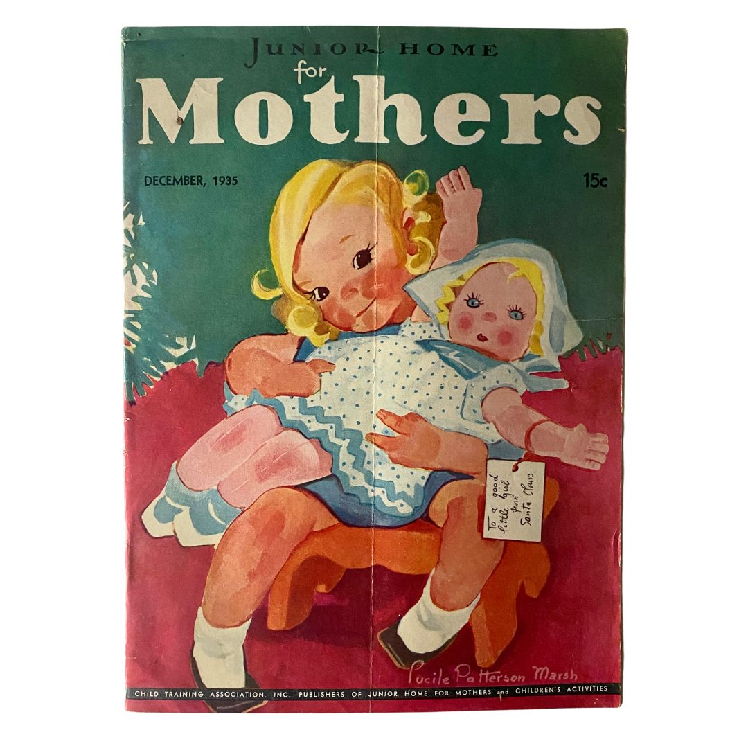 Cover of VTG Junior Home for Mothers Magazine, December 1935, featuring a vintage illustration of a girl with dolls, underlining the theme 'A Baby is Expected'.