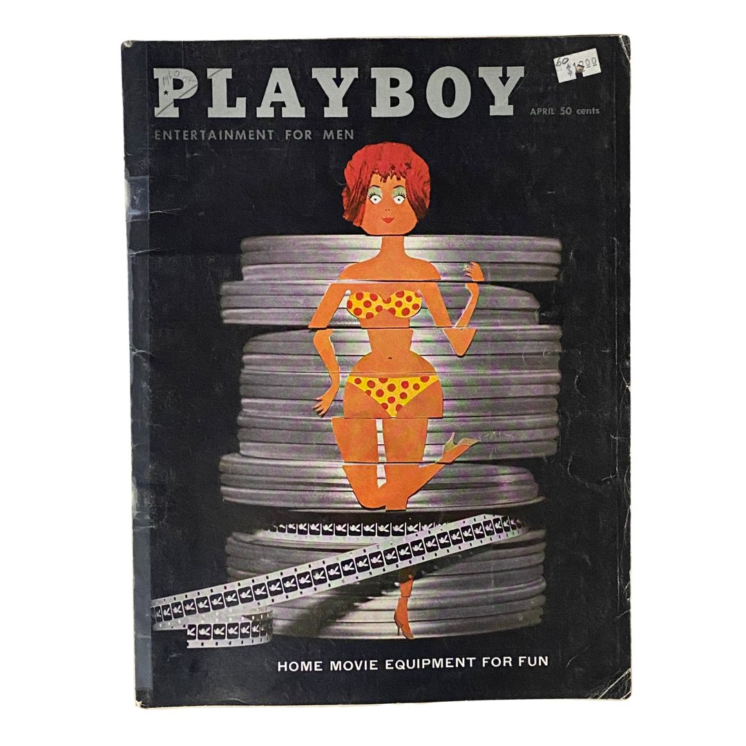VTG Playboy Magazine April 1960 cover featuring an illustrated woman in a polka dot bikini with the title 'Playboy Entertainment for Men'.