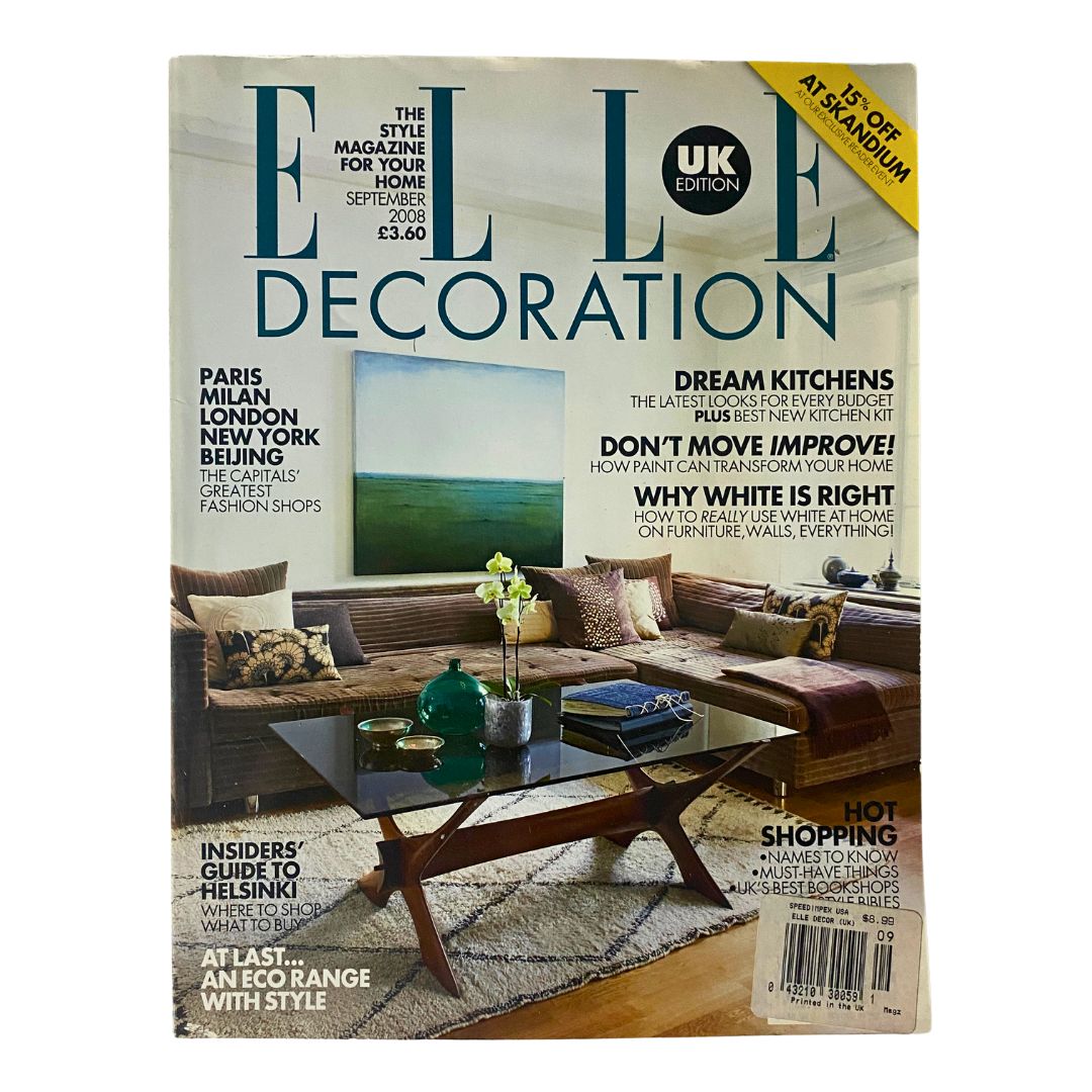 Cover of Elle Decoration UK Edition Magazine September 2008 titled 'Dream Kitchens'. The cover features a stylish living room setting, showcasing a contemporary design with vibrant colors, and a variety of home decor elements.