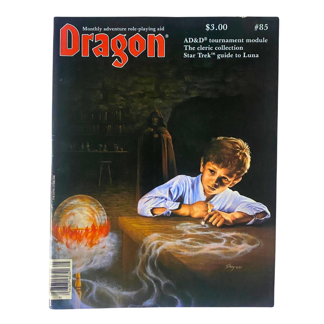 Cover of VTG Dragon Magazine May 1984 #85 featuring 'The Twofold Talisman' with a boy and mystical elements, highlighting its role-playing game focus.