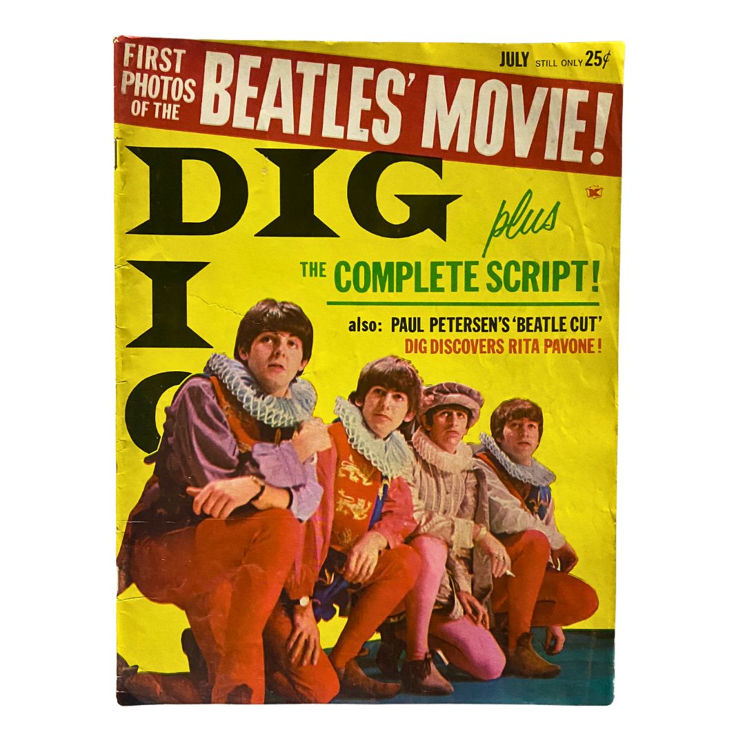 VTG Dig Magazine July 1964 Vol 11 No. 4 featuring The Beatles Movie cover art with vibrant colors and the headline 'FIRST PHOTOS OF THE BEATLES' MOVIE!' showcasing a lively representation of the Fab Four.