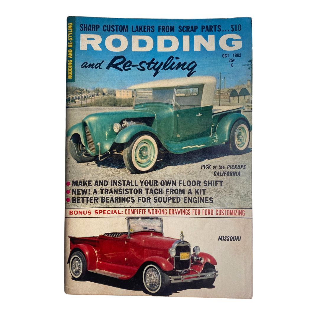 Cover of VTG Rodding & Re-Styling Magazine October 1962 featuring classic cars and pickup trucks, highlighting articles and features on automotive customization.